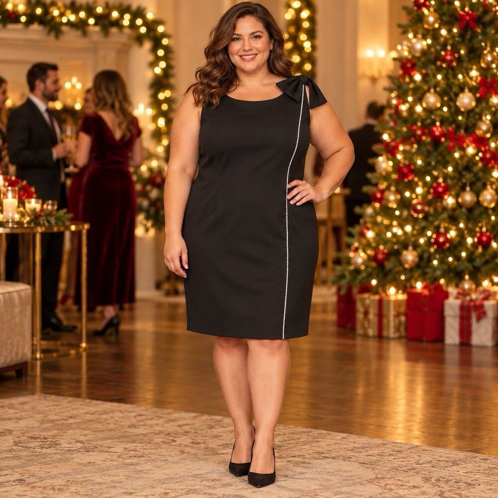 Jessica Howard 20W Black Cocktail Sheath Dress Rhinestone Trim Bow Shoulder Plus
